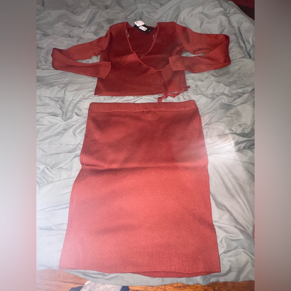 Rust Red Two-Piece Skirt Set